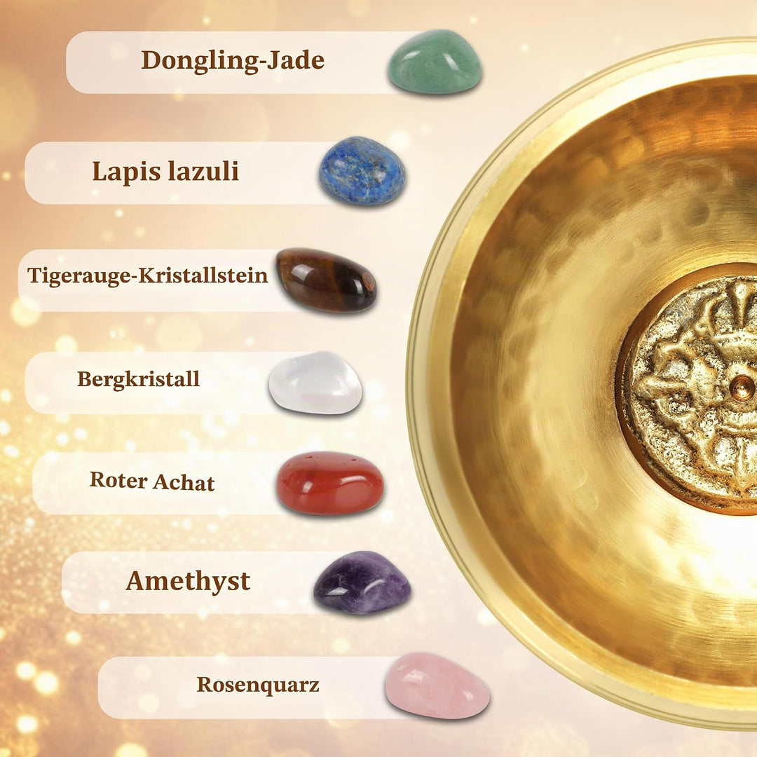 Traditionelle Klangschale 8cm mit 7 Chakra Kristallen, Handgefertigt in Nepal für Meditation und Yog