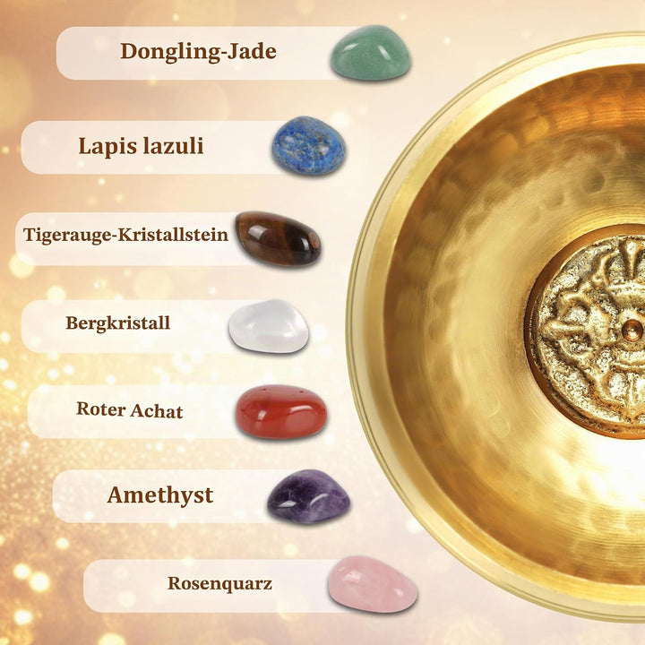 Traditionelle Klangschale 8cm mit 7 Chakra Kristallen, Handgefertigt in Nepal für Meditation und Yog