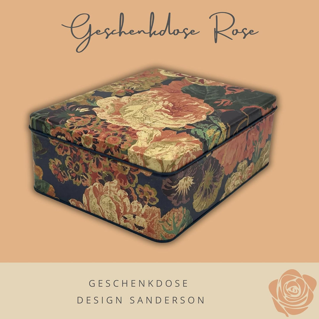Geschenkdose Design Sanderson - Liebevoll gestaltete rechteckige Vorratsdose - Motiv Rose - Blechdos