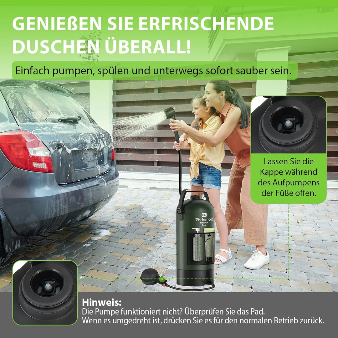 20 Liter Camping Dusche mit Fussluftpumpe, Solardusche mit Camping-Tasche Und Düse für Camping Stran