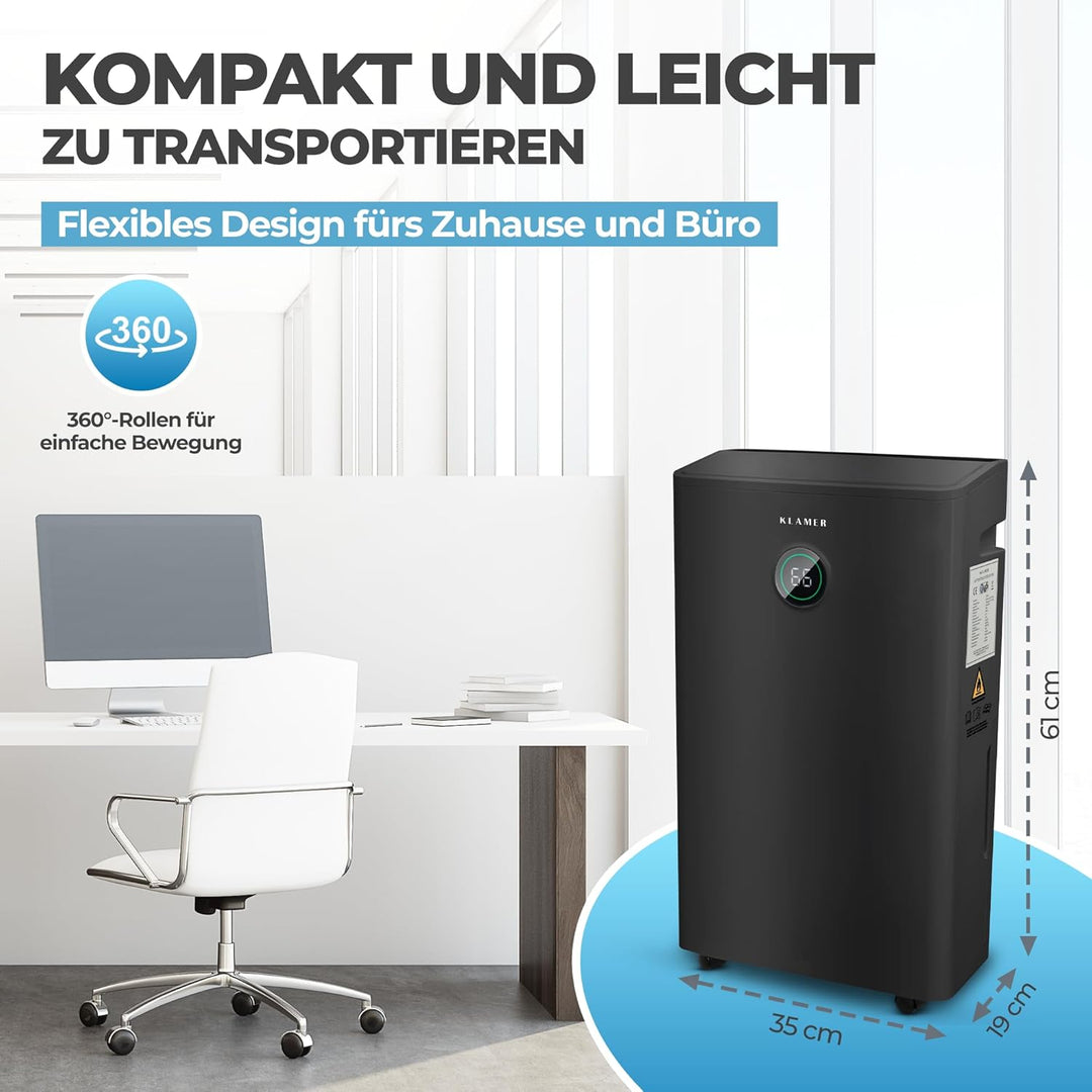 KLAMER Luftentfeuchter elektrisch 25L in 24h mit 5,5L Tank – Leiser, energieeffizienter Raumentfeuch
