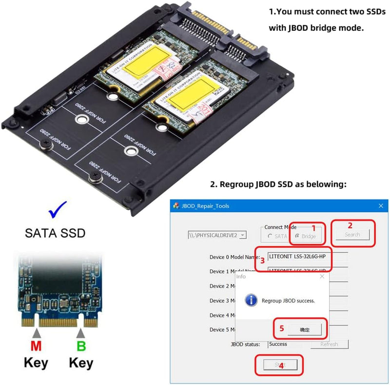 NFHK Dual NGFF B+M Key M.2 SSD Karte JOBD Raid0 Span Bridge auf 6,3 cm SATA Combo HDD Festplattengeh