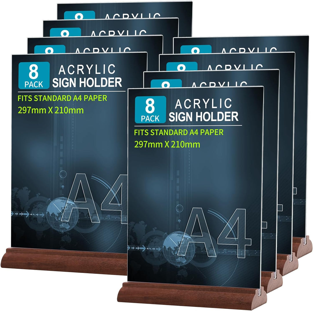 Srvnpioy 8 Stück A4 Aufsteller Holz, Tischaufsteller A4 Ständer aus Acryl und Holz, Plexiglas Werbea