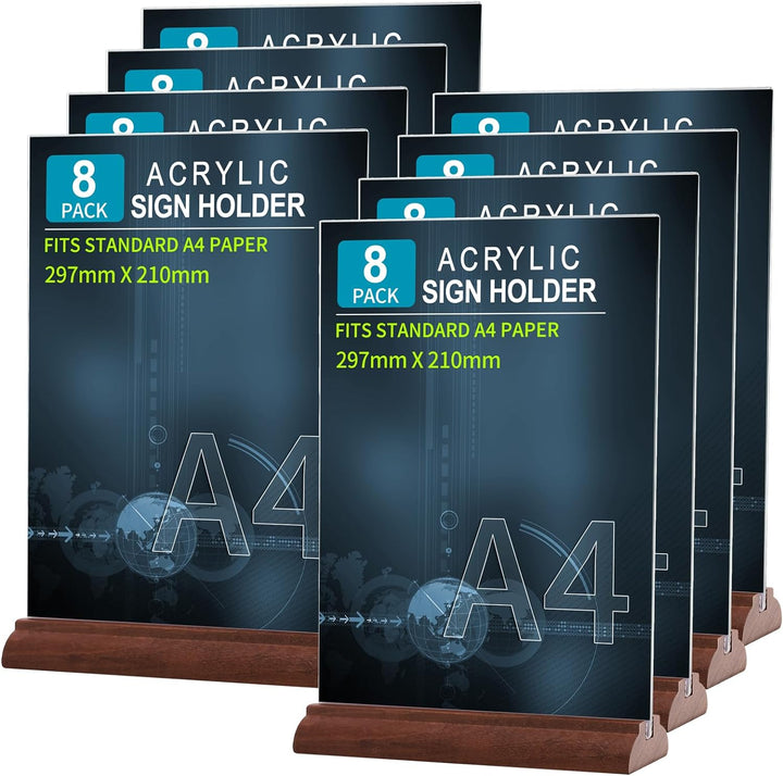 Srvnpioy 8 Stück A4 Aufsteller Holz, Tischaufsteller A4 Ständer aus Acryl und Holz, Plexiglas Werbea