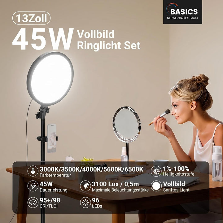 NEEWER BASICS 13" 45W Ringlicht mit 66" Ständer, 3000K-6500K CRI95+ grosses Vollbild LED Panel Licht