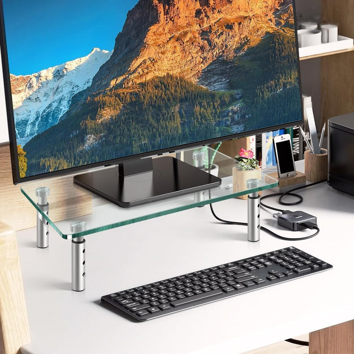 Schreibtischständer aus klarem Glas, 2 Stück, Computer-Monitorerhöhung mit höhenverstellbarem Multi-