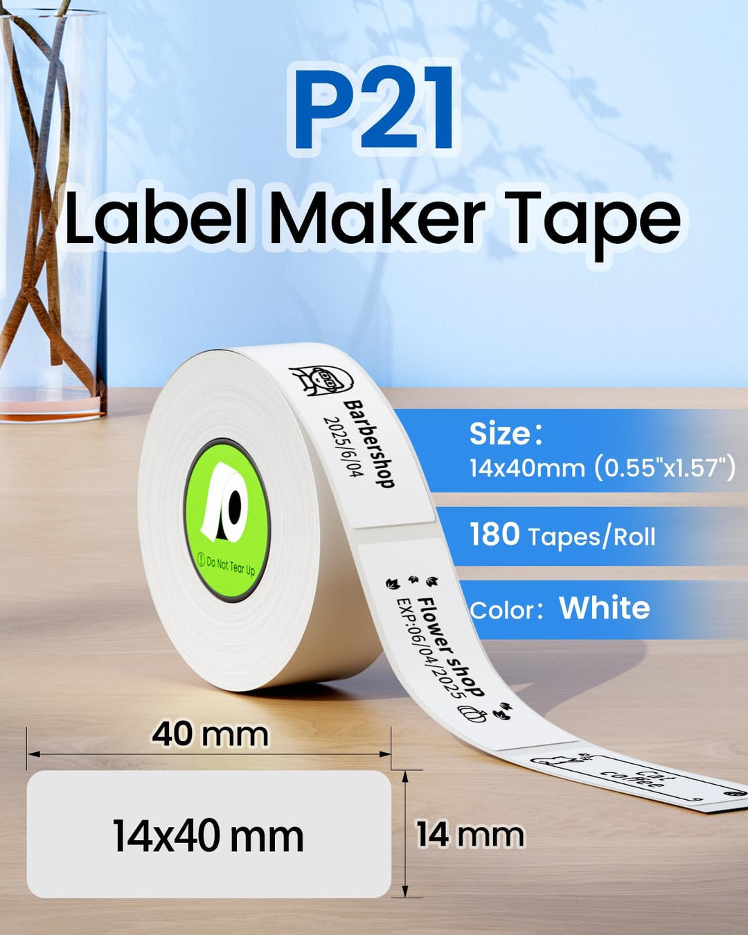 P21 Label Maker Tape kompatibel mit Nelko P21 Label Maker, 14x40mm, 180 Tapes/Roll, 4-Rollen, Weiss,
