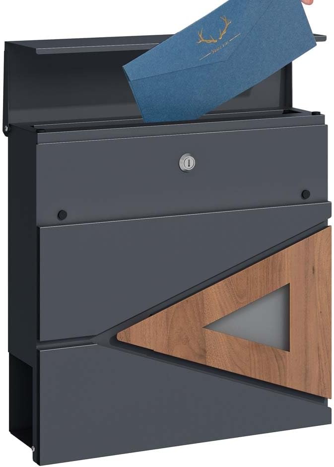 SCHARTEC Briefkasten SPB-8 anthrazit mit Holz Design und Zeitungsfach modern & gross Wandbriefkasten