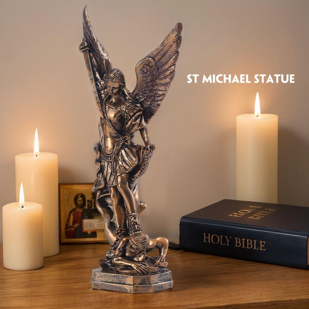 QIANLING 31,8 cm San Miguel Erzengel Statue, St. Michael Statue aus bronzeiertem Harz, St. Michael d