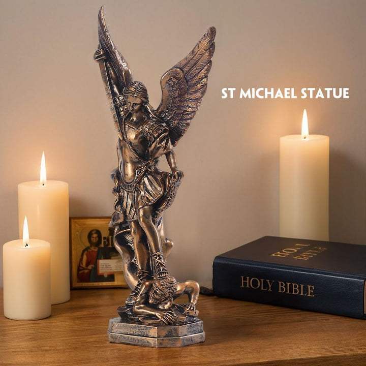 QIANLING 31,8 cm San Miguel Erzengel Statue, St. Michael Statue aus bronzeiertem Harz, St. Michael d