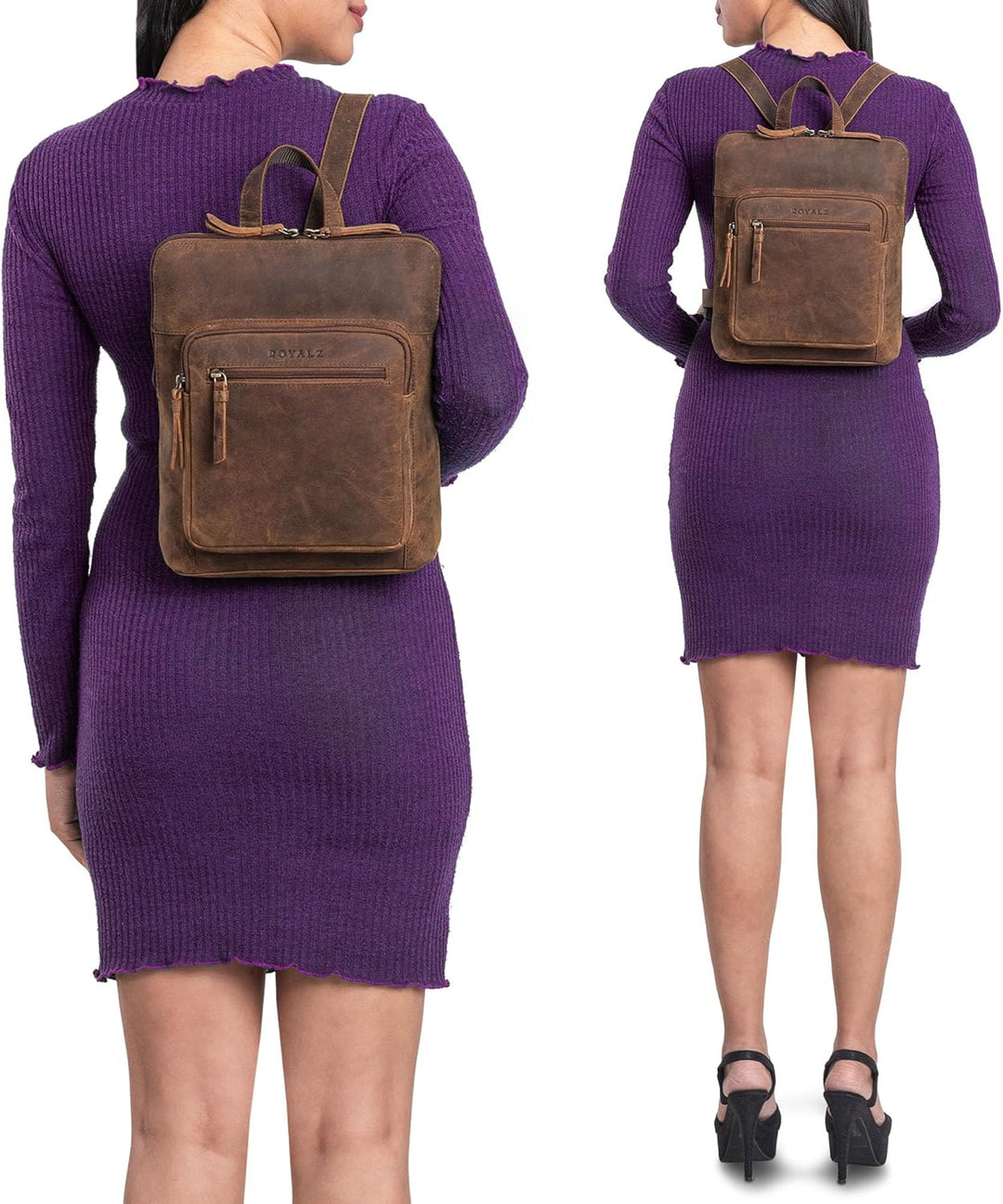 ROYALZ 'Carolina' Moderner Leder-Rucksack Damen Elegant Mittel-gross Cityrucksack im Vintage Look -