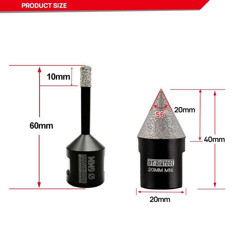 DT-DIATOOL Diamant-Bohrer-Set 6/6mm und 20mm Diamant-Fasenbohrer mit Sechskantadapter für Porzellan