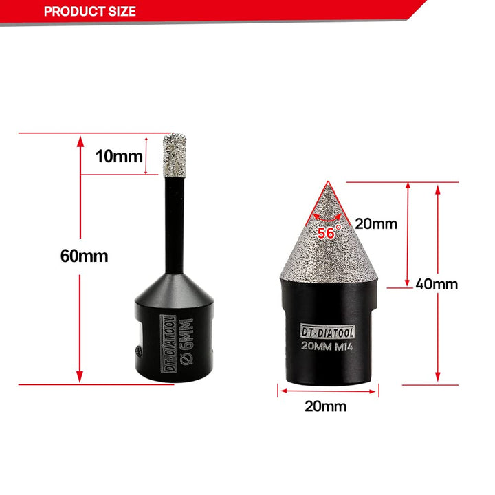 DT-DIATOOL Diamant-Bohrer-Set 6/6mm und 20mm Diamant-Fasenbohrer mit Sechskantadapter für Porzellan