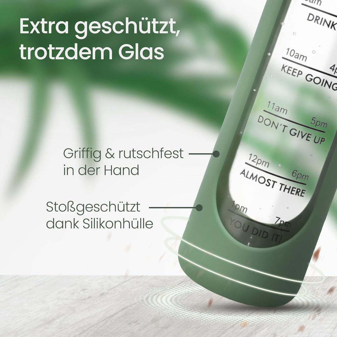 Trinkflasche Glas 1L – kohlensäuregeeignet – mit Bürste & Silikonhülle – Olivgrün
