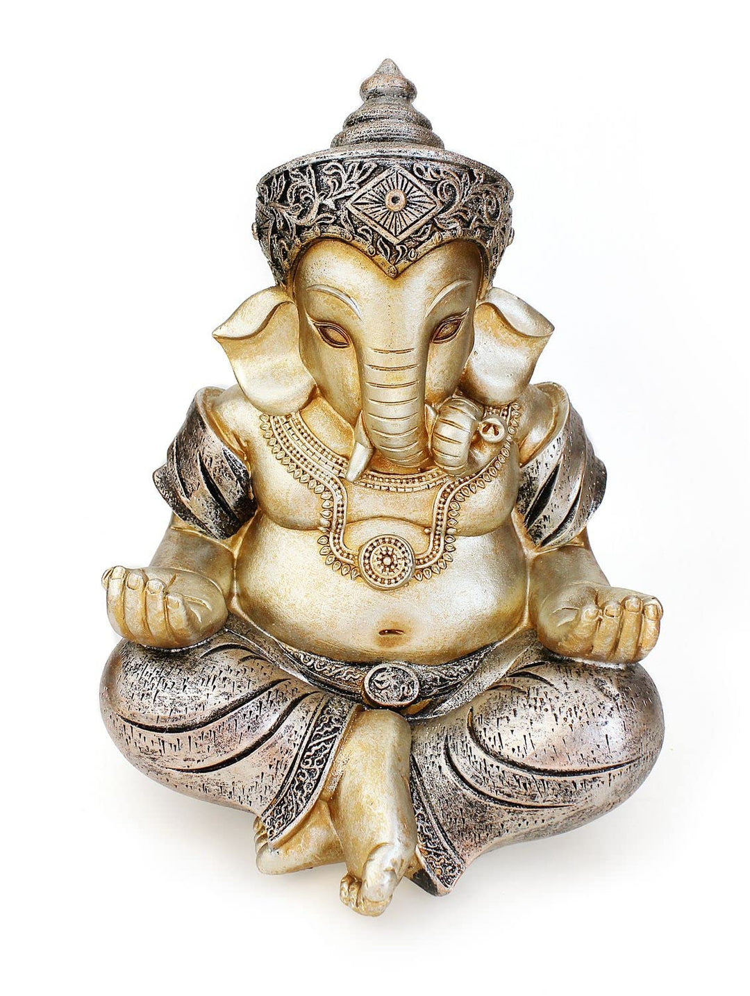 TEMPELWELT Deko Figur Ganesha Figur sitzend 21 cm, Polystein Champagner Silber Hindu Gott Buddha Ind