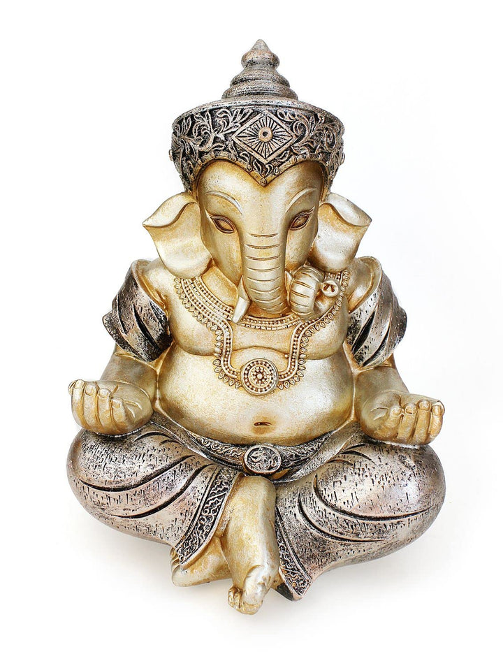 TEMPELWELT Deko Figur Ganesha Figur sitzend 21 cm, Polystein Champagner Silber Hindu Gott Buddha Ind