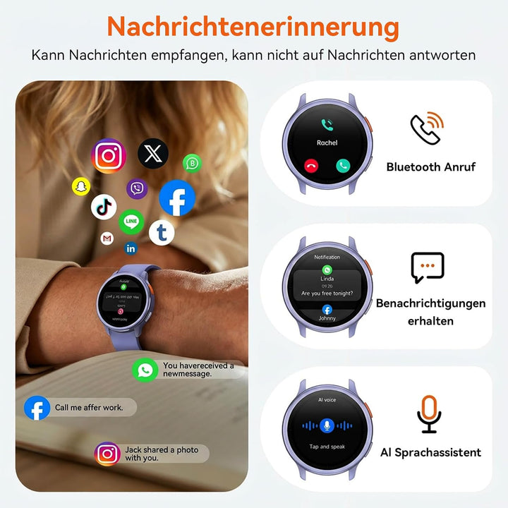 Smartwatch Damen Rund, 1.27" Smart Watch mit Telefonfunktion/Whatsapp,Uhren Damen mit Pulsuhr Schlaf