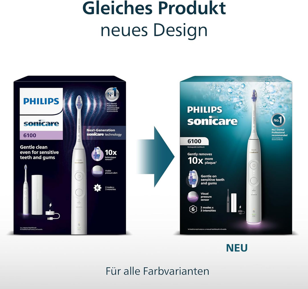 Philips Sonicare 6100 elektrische Zahnbürste, Schallzahnbürste mit 2 Putzmodi und 3 Intensitätsstufe