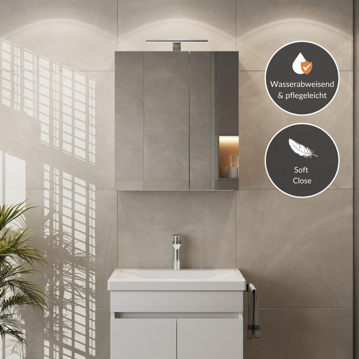 Planetmöbel Spiegelschrank Badezimmer 60cm Weiss, Badezimmerschrank mit Spiegel und LED Beleuchtung,