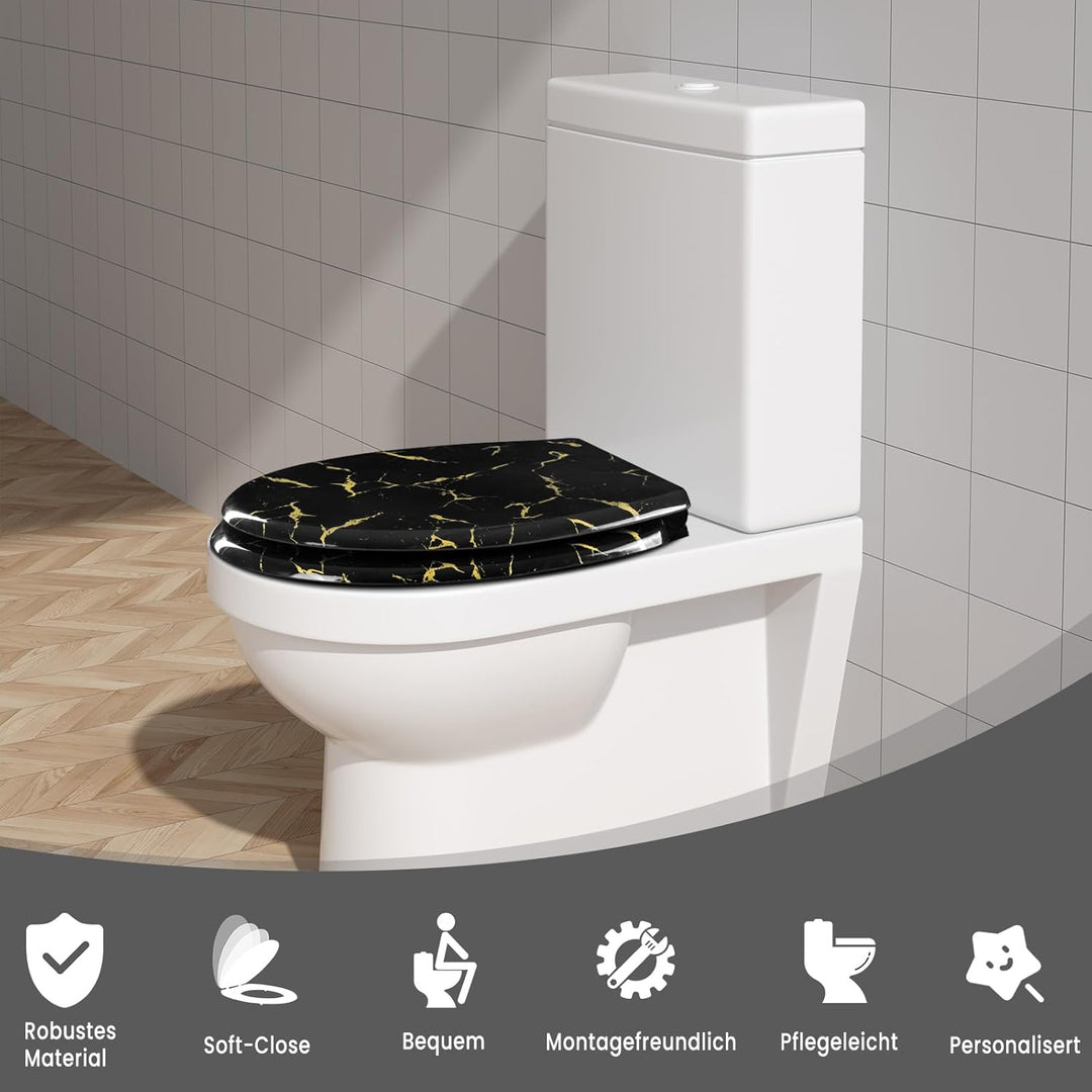 WOLTU Toilettendeckel mit Absenkautomatik, schwarzer WC Sitz mit goldenem Glitzer, Toilettensitz aus