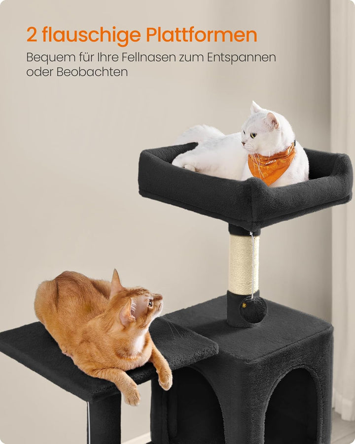 Feandrea Kratzbaum, 143 cm hoch, Katzenbaum, mehrstöckiges Katzenhaus, mit 4 Kratzsäulen, 2 Plattfor