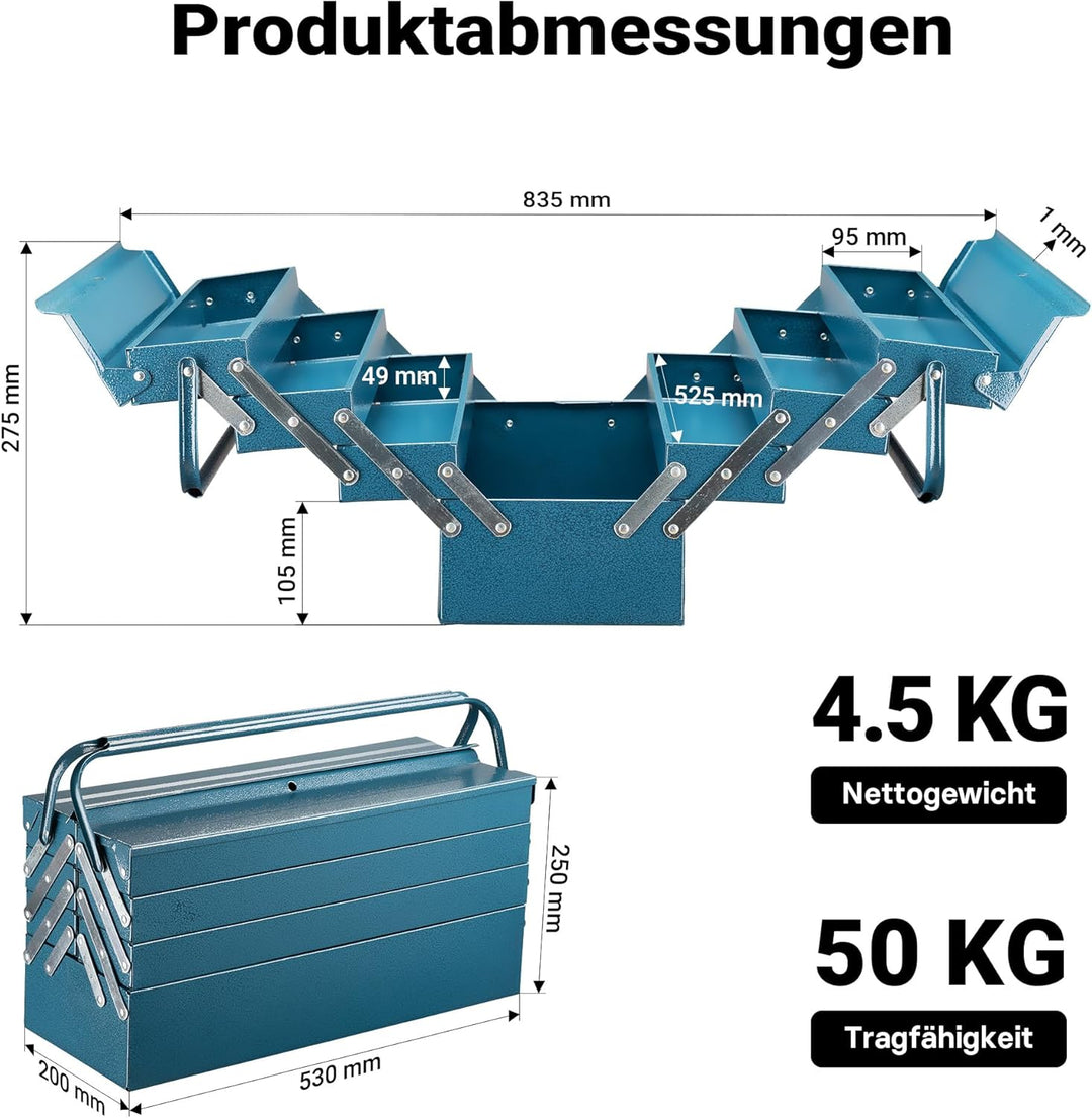 Wiltec Werkzeugkiste 530x200x250mm aus Stahl mit 7 Fächern, beständiger Werkzeugkasten mit Handgriff