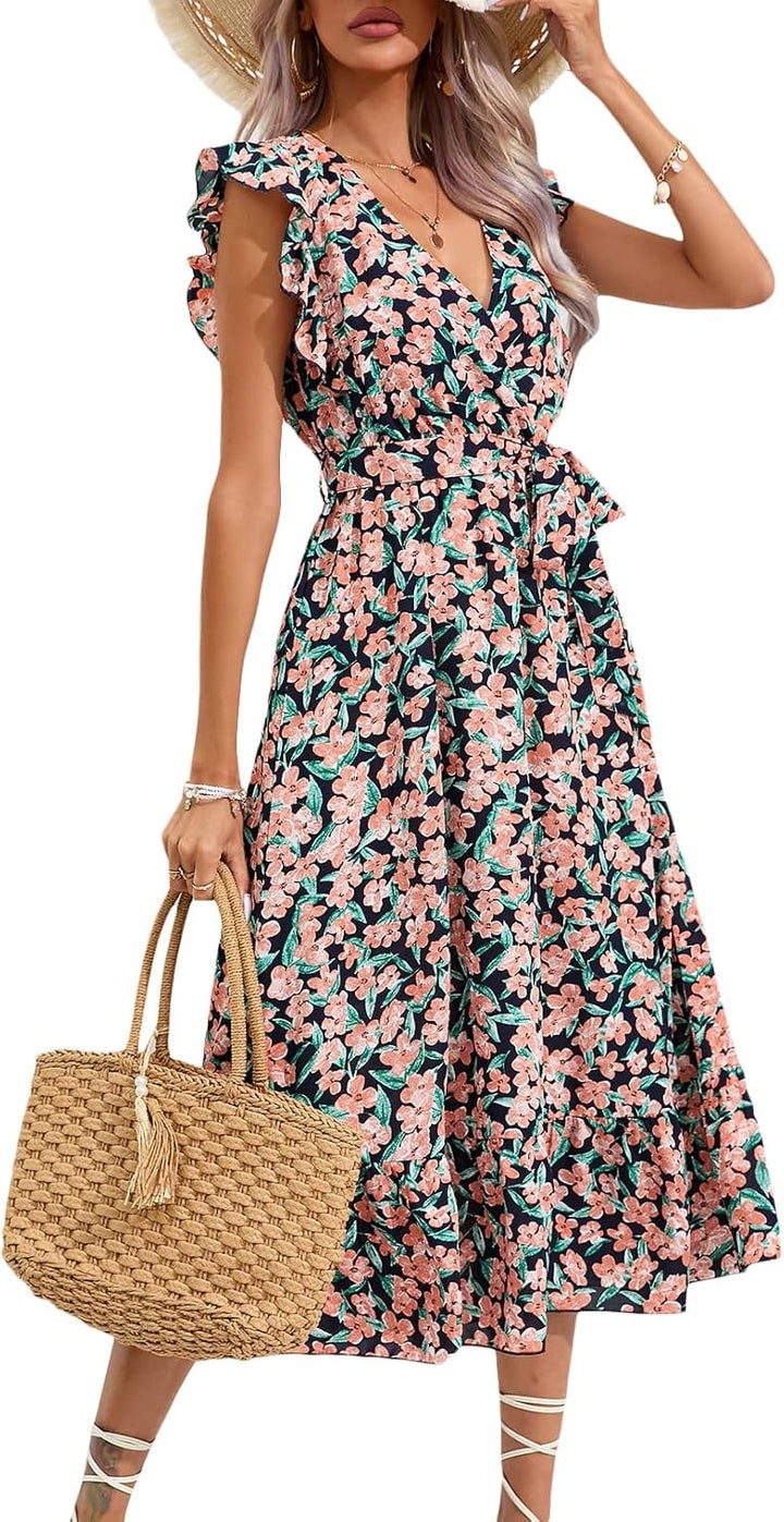 KOJOOIN Damen Sommerkleid Kurzarm Maxikleid Lange Wickelkleid Volant Kleid Rüschen Strandkleid V-Aus