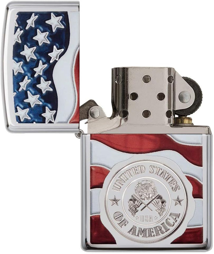 Zippo American Stempel auf Flagge Winddicht Feuerzeug – Chrom poliert American Stam On Flag, America