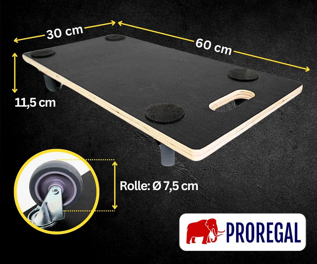 PROREGAL Profi Transportroller Hercules 30x60 cm Schwerlast bis 200 kg mit 4 Gummirollen & Griff, Si