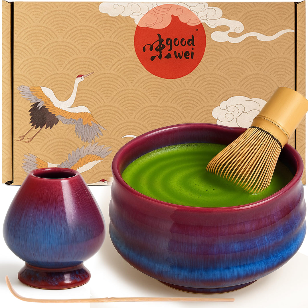 Goodwei Matcha Set komplett mit Matchabesen, Matcha Löffel und Matcha Schale aus Keramik mit Besenha