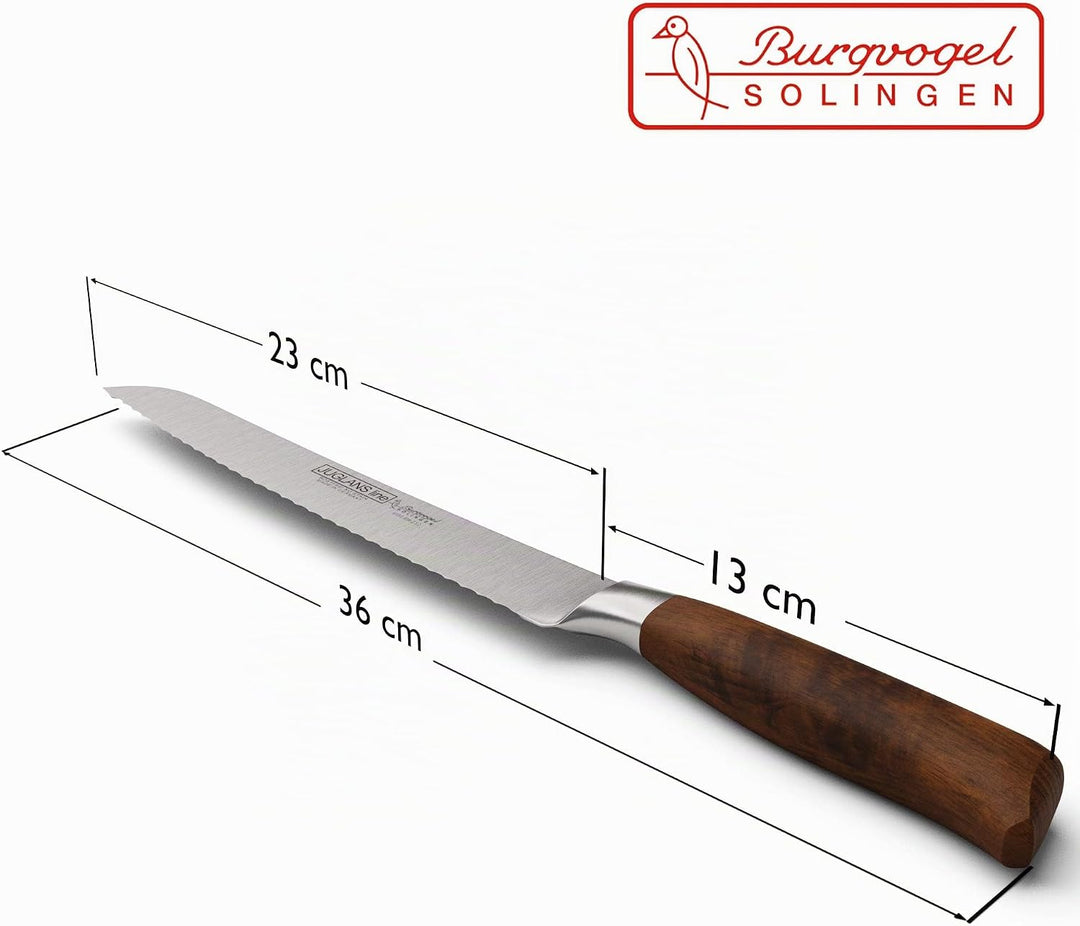 Burgvogel Solingen Juglans Line scharfes Brotmesser Walnussholz geschmiedet 22 cm, Wellenschliff, ro