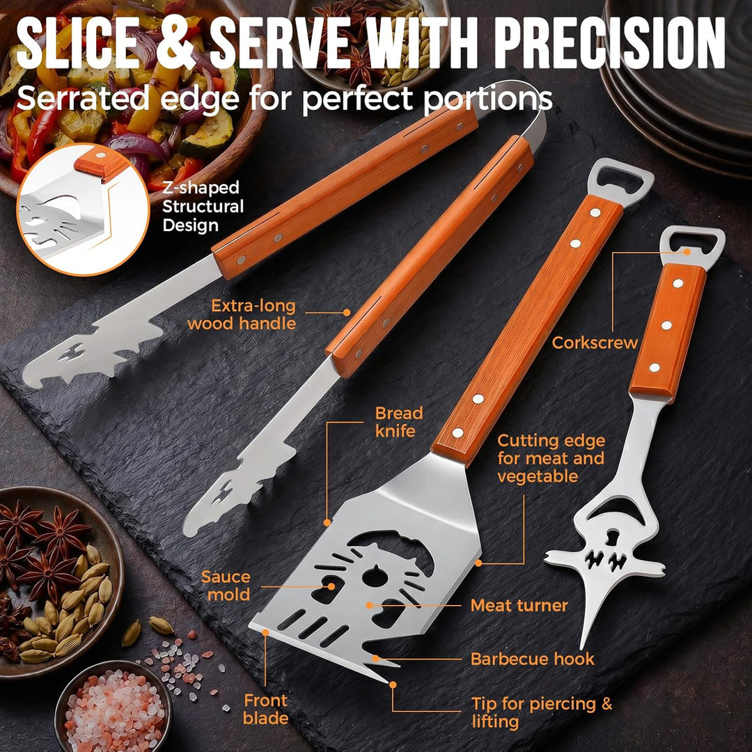 Yoassi BBQ Grillbesteck Set 3-teilig Edelstahl, Grillzubehör mit Grillzange, Grillwender, Fleischgab