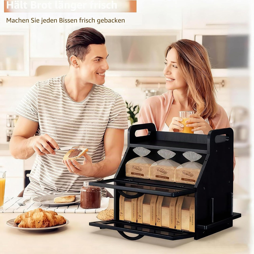 BAMBANG Extra Grosses Brotkasten, 2 Etagen Bambus Brotbox für Küchen, Holz Brotbehälter mit Werkzeug