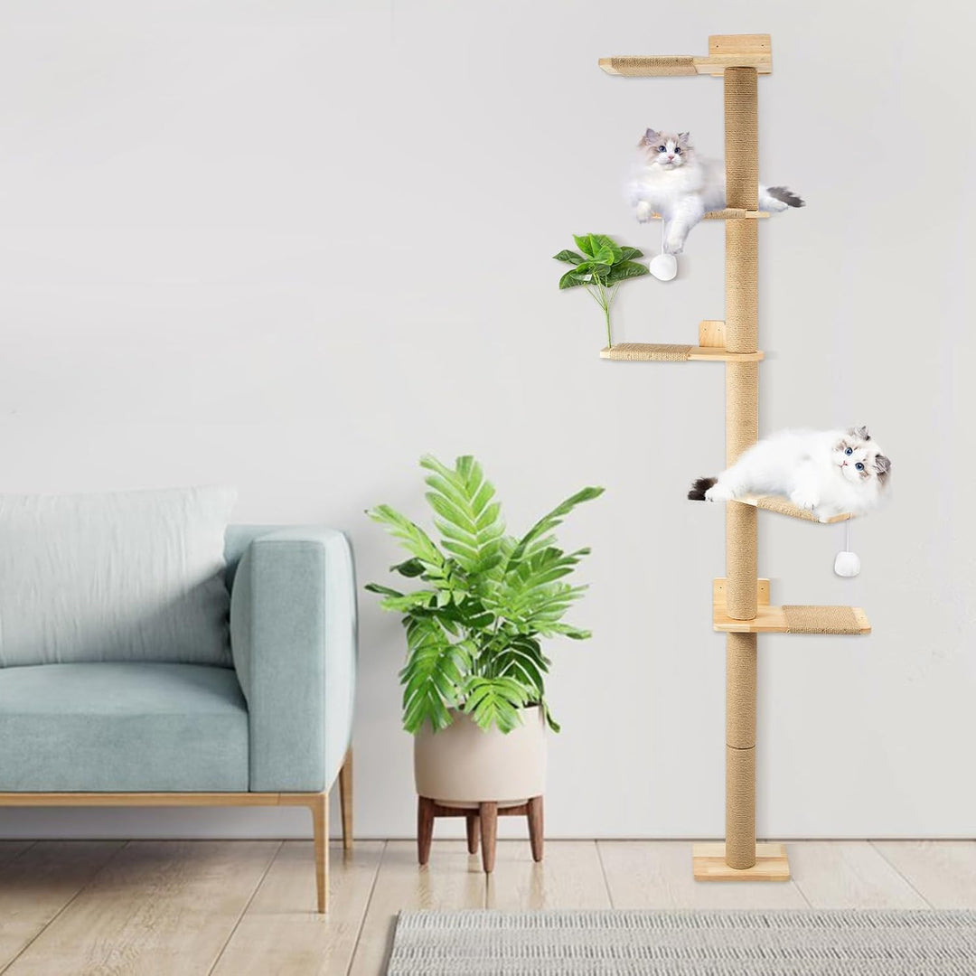Youyijia Katzenkratzbaum 206cm aus Naturkautschukholz, 5 Etagen Wandmontierter Katzenbaum mit Verbre