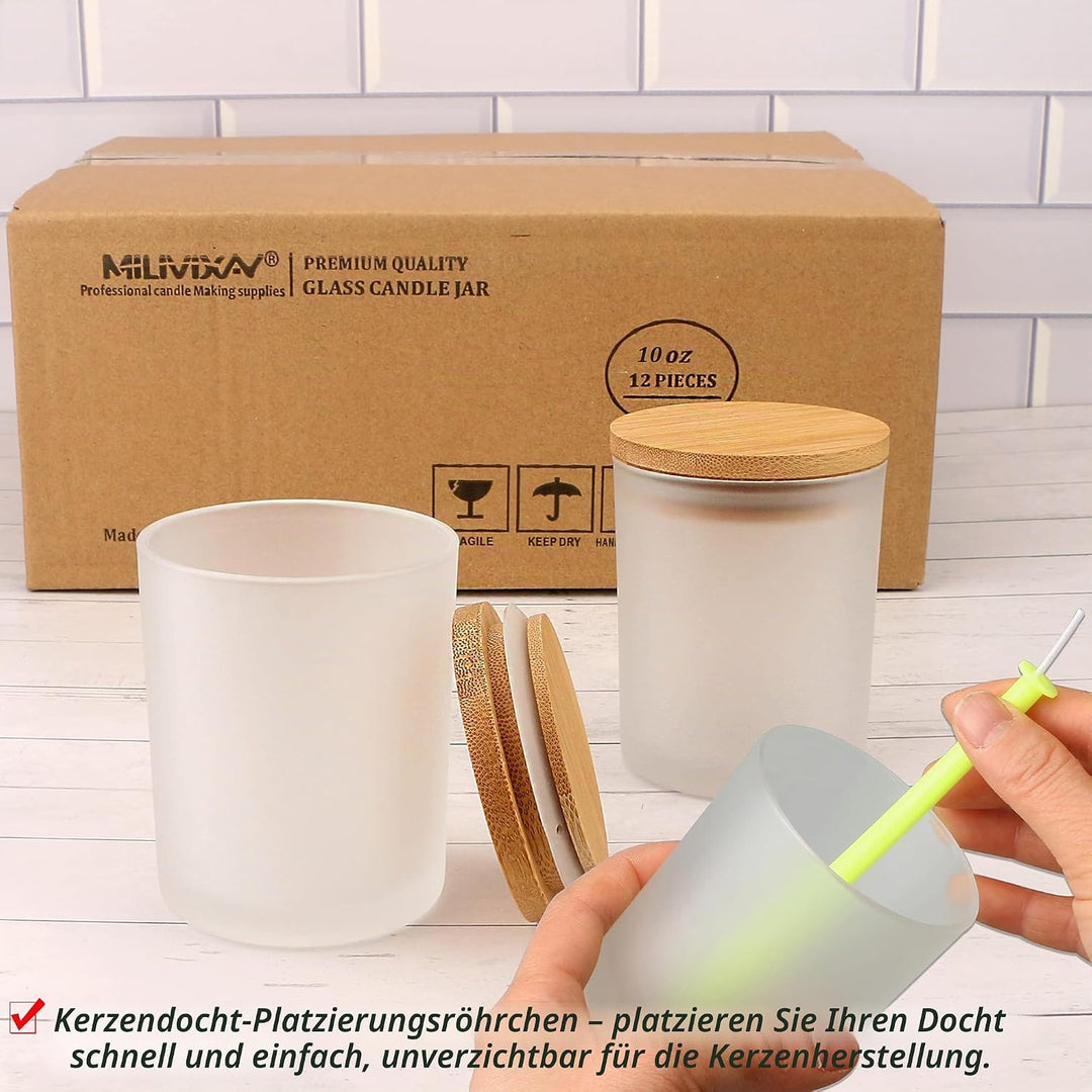 MILIVIXAY 12 Stück 284 ml Milchglas-Kerzengläser mit Deckel und Kerzenherstellungs-Kits – leere Kerz