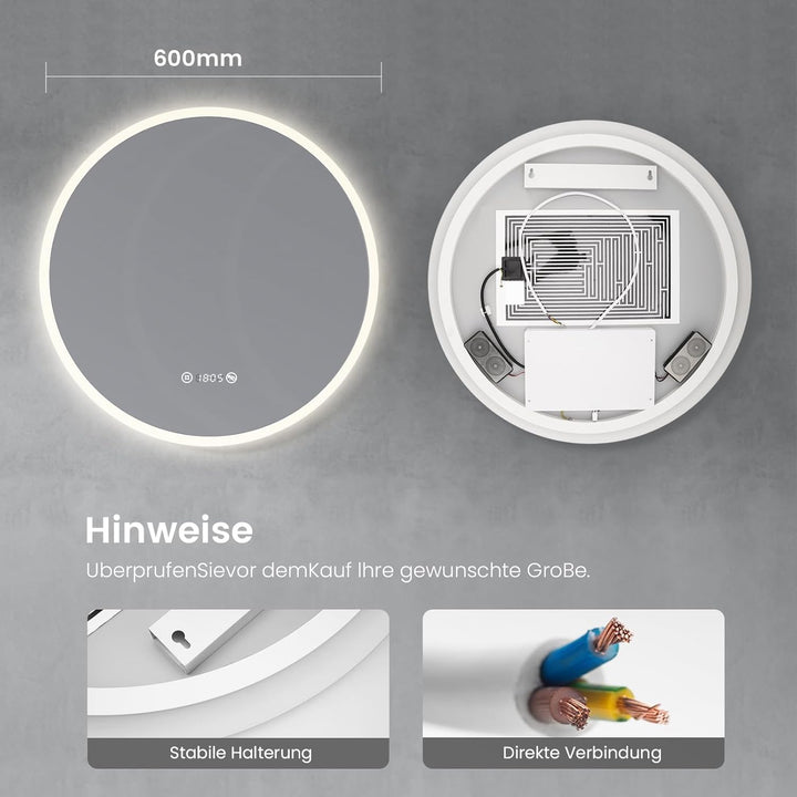 Heilmetz Badspiegel mit Beleuchtung Rund 60cm, LED Badezimmerspiegel mit Licht, Uhr, Antibeschlag, T