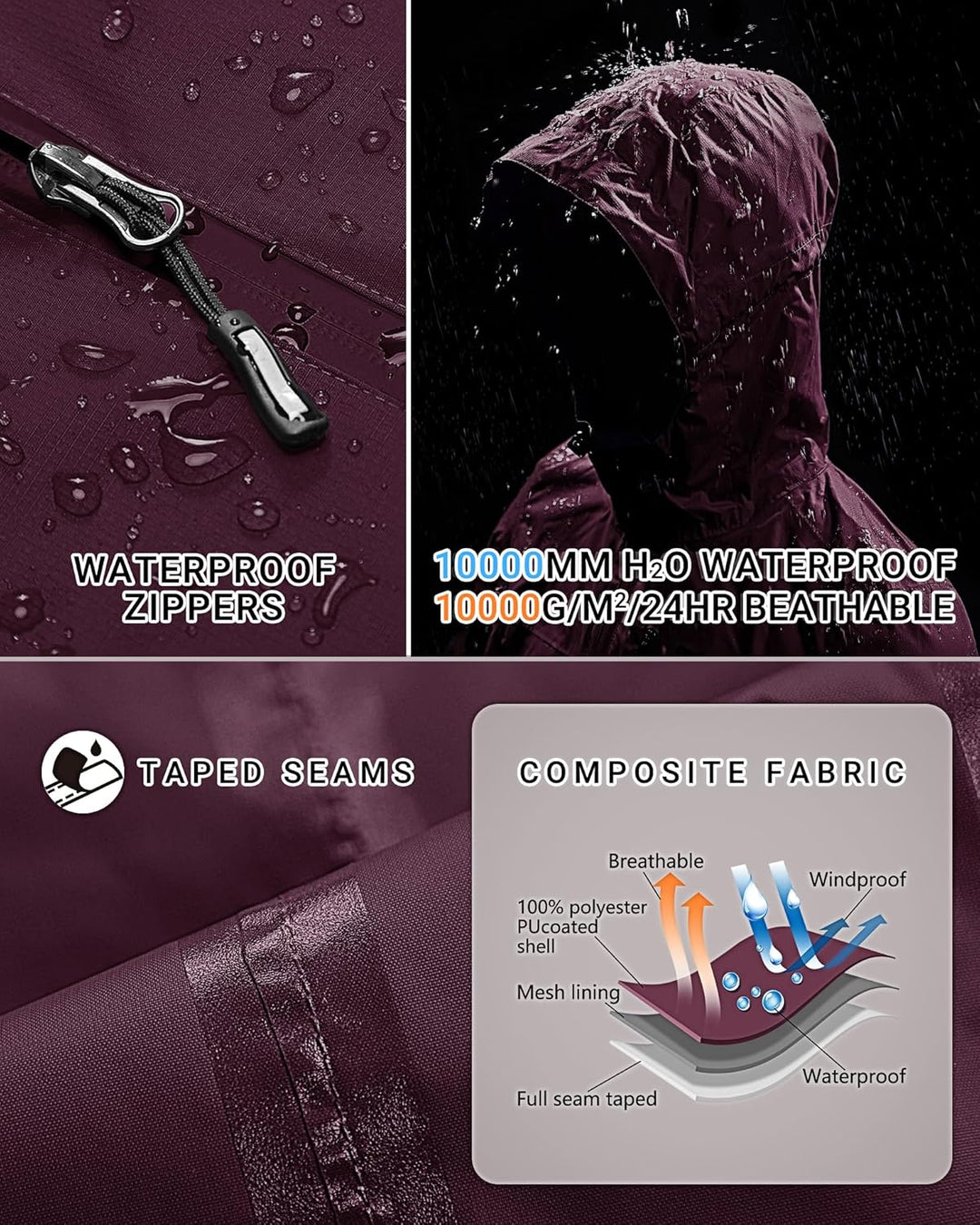 Outdoor Ventures Damen Regenjacke 10000MM Wasserdicht Leichte Gefüttert Packbar Sportjacke Funktions