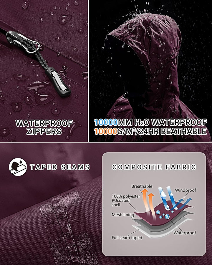 Outdoor Ventures Damen Regenjacke 10000MM Wasserdicht Leichte Gefüttert Packbar Sportjacke Funktions