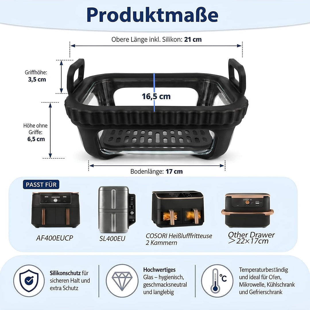 Auflaufform Airfryer für Ninja AF400EU/DZ400EU/AF500EU/COSORI Heissluftfritteuse 2 Kammern, Glas Air