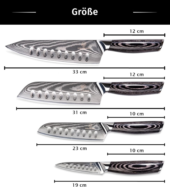 Wolfblood PRO 4er Damastmesser Set XL (33, 31, 23 & 19cm) TÜV geprüfter 62 HRC Damaststahl aus 67 La