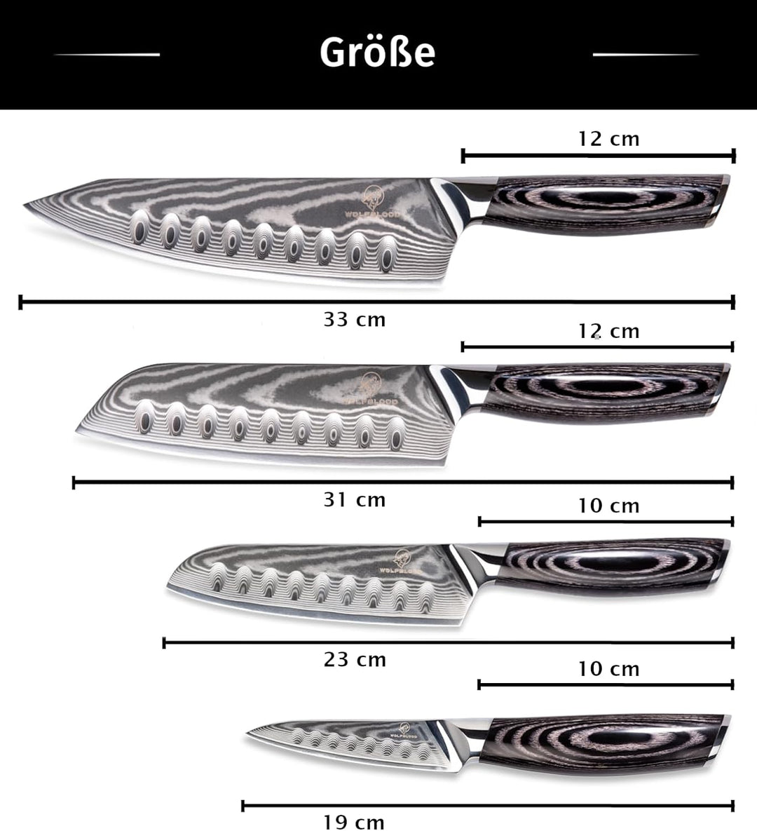 Wolfblood PRO 4er Damastmesser Set XL (33, 31, 23 &amp; 19cm) TÜV geprüfter 62 HRC Damaststahl aus 67 La