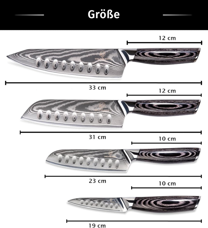 Wolfblood PRO 4er Damastmesser Set XL (33, 31, 23 &amp; 19cm) TÜV geprüfter 62 HRC Damaststahl aus 67 La