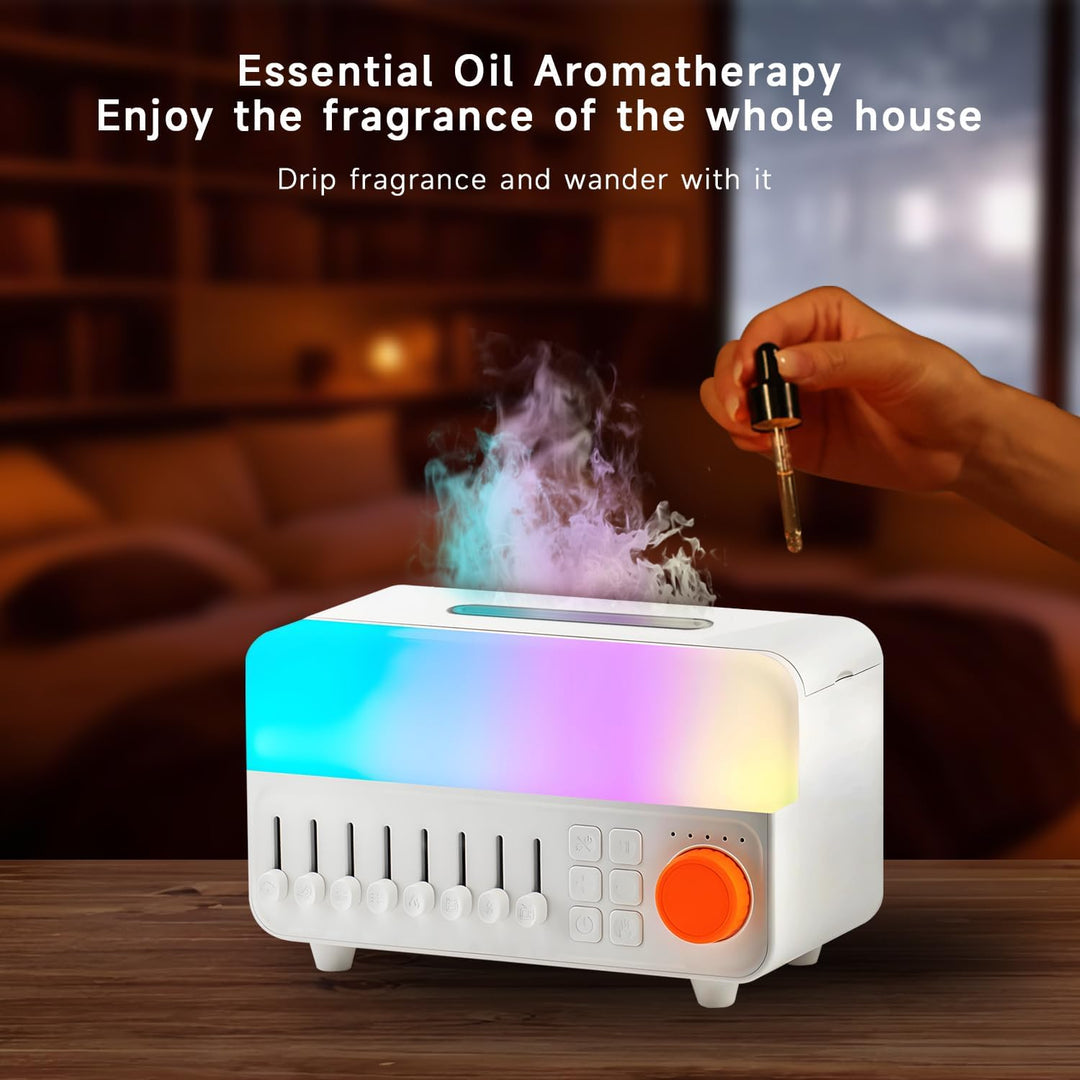 QUMOX Luftbefeuchter mit weissem Rauschen A14 mit Flammenlicht, Bluetooth-Lautsprecher und 150 ml Ta