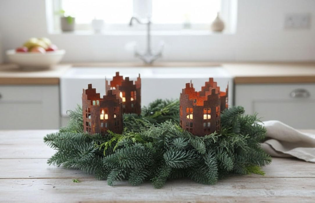 LB H&F 4er Set Adventskranzstecker HÄUSER Deko Kerzenhalter Advent Rost Metall Weihnachten KERZENSTE