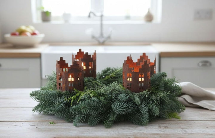 LB H&F 4er Set Adventskranzstecker HÄUSER Deko Kerzenhalter Advent Rost Metall Weihnachten KERZENSTE