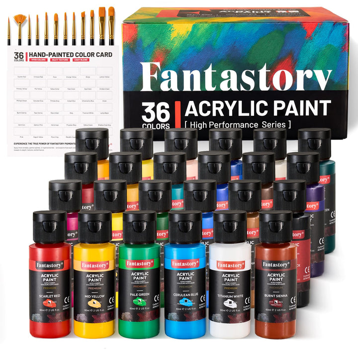 Fantastory Acrylfarben Set 60ml x 36 Farben mit 12 Pinseln, Premium Ungiftig Acrylfarbe, Nicht Verbl