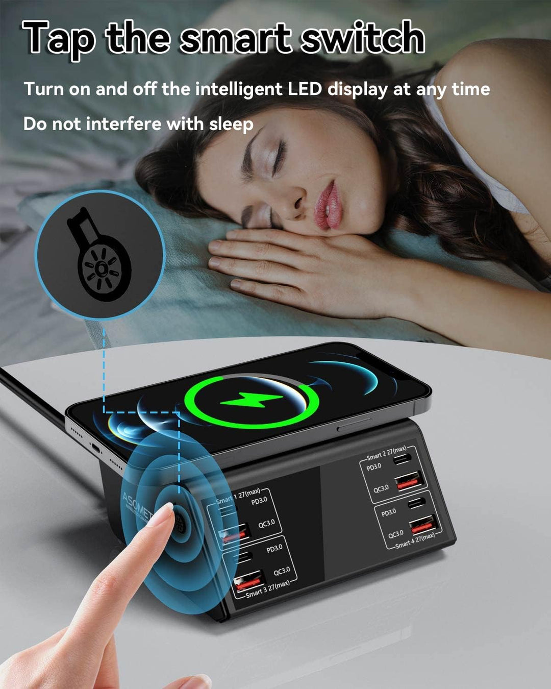 USBLadegerät, ASOMETECH 100 W 8 Port Mehrere USBLadestation mit 4 Schnellladung 3.0, 4 USB C PD Port