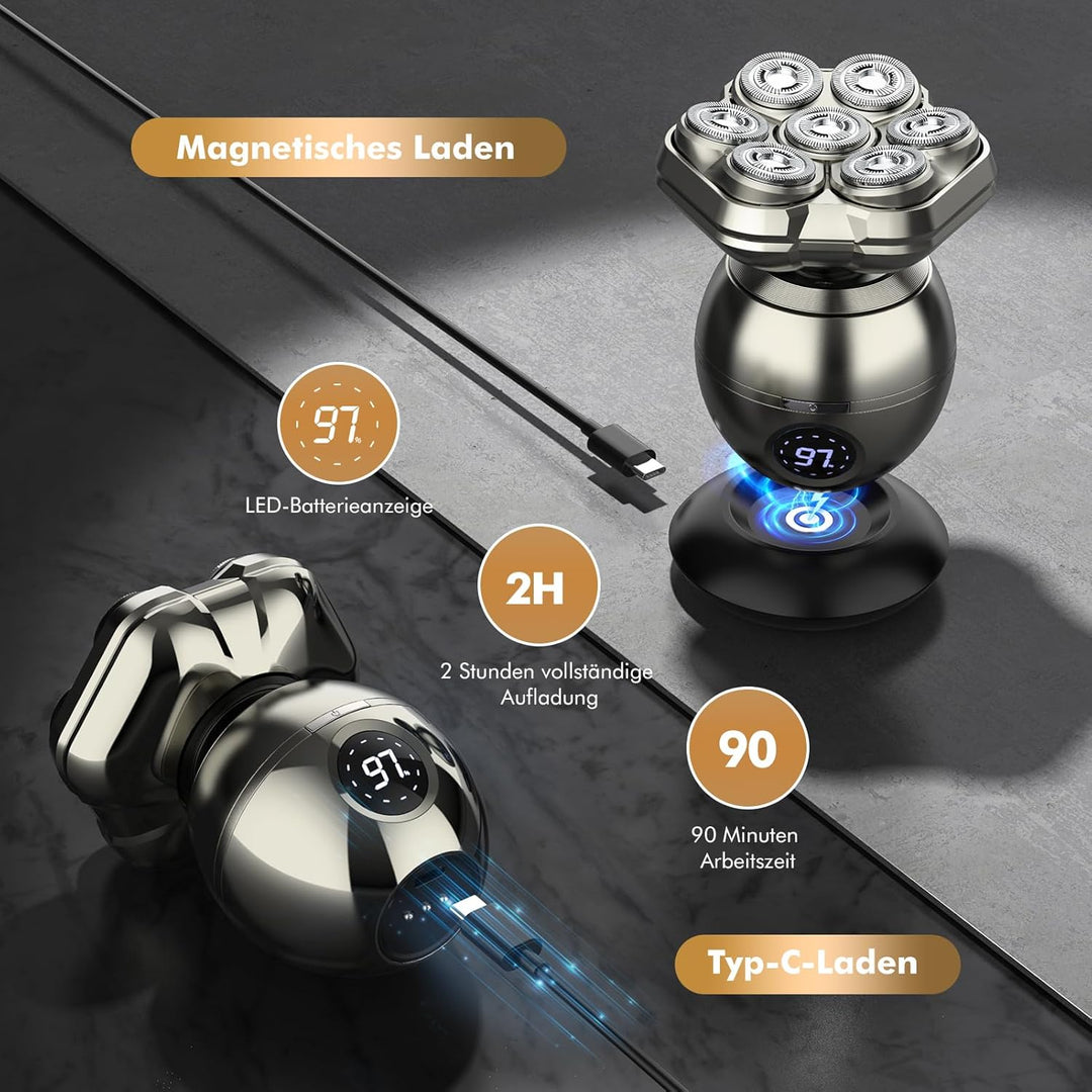 Glatzen Rasierer Herren, 6-in-1 Kopfrasierer Glatze mit 7D Magnetische Schwebender Kopf, IPX7 Wasser