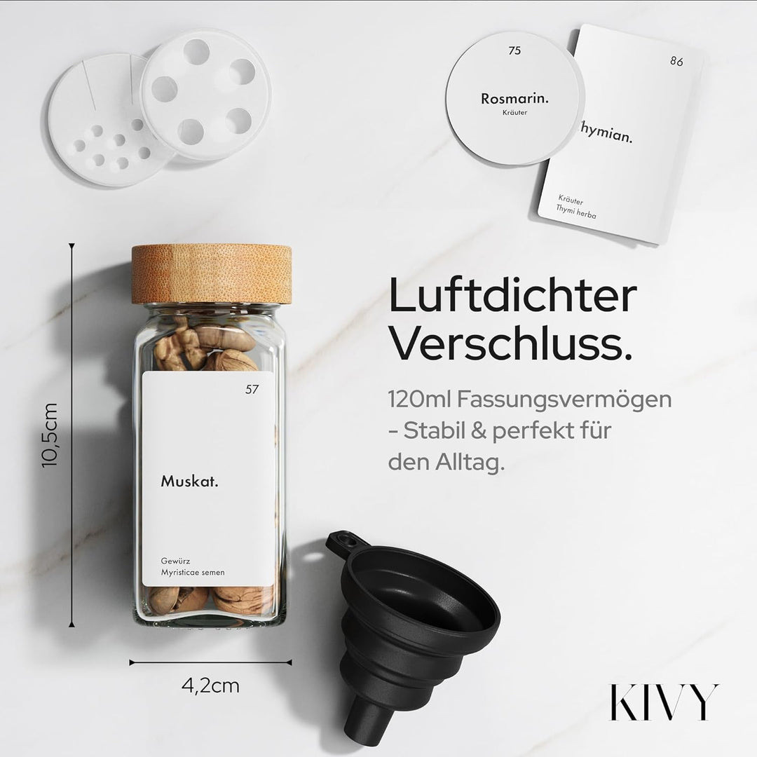 KIVY Gewürzregal mit Gläsern | inkl. 24 Gewürzgläser mit Etiketten - Verstellbare Breite - Gewürz Or