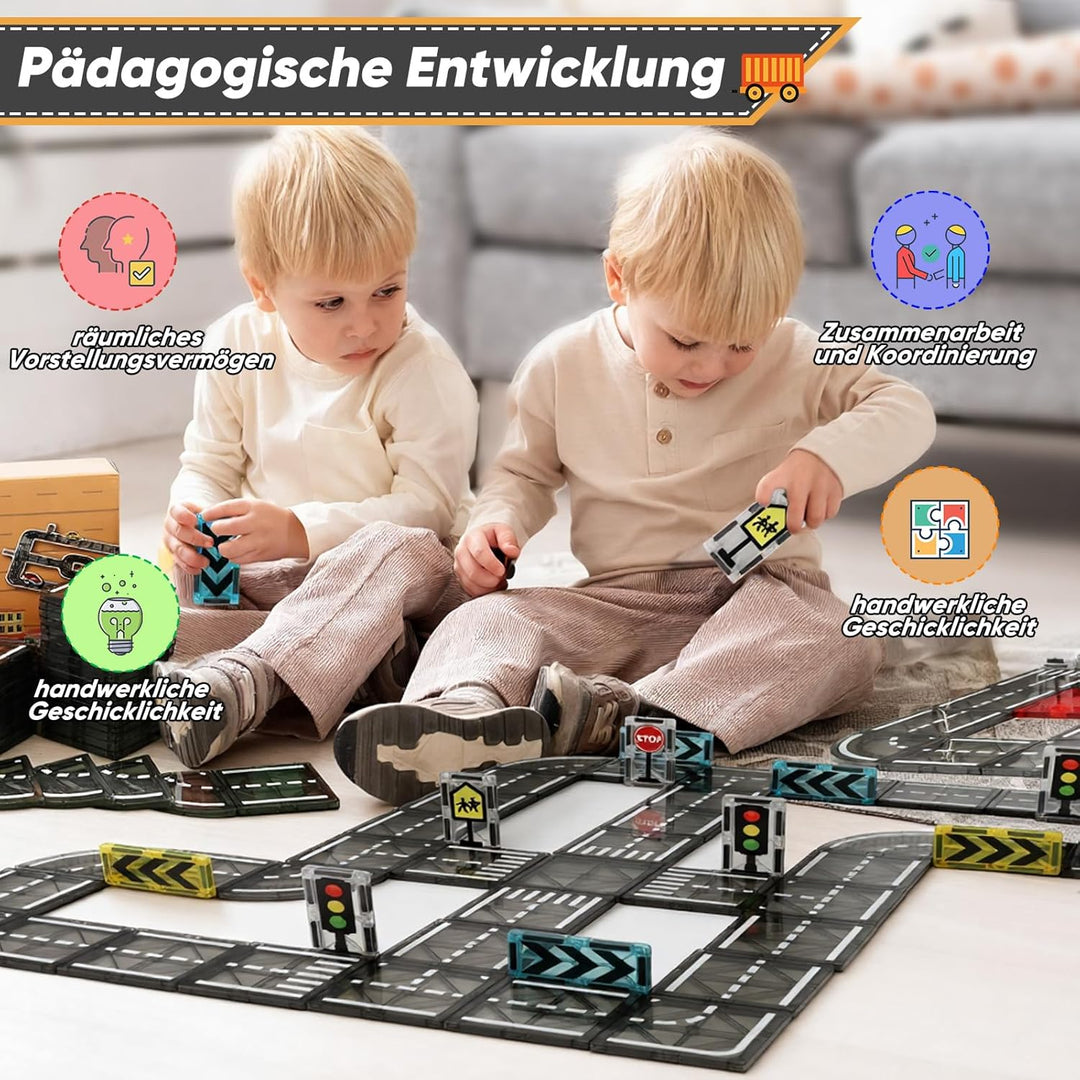 Magnetische Bausteine Strassenset, 52 Stück Magnet Fliesen Spiel Stadt Strassen, Magnetic Road Tiles